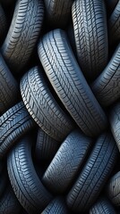 Stacked car tires showing tread patterns and detailed rubber texture, automotive background closeup