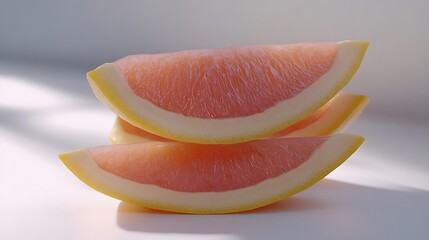 Stacked slices of pink grapefruit with bright natural light and white background