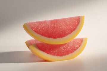 stacked slices of vibrant pink grapefruit with yellow rind under soft light