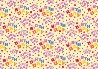 Seamless birthday pattern in retro cartoon style. Party decor with confetti, flowers and inscriptions. Parties, gifts, greetings, happy holiday card. party decoration, making party paper, packaging.