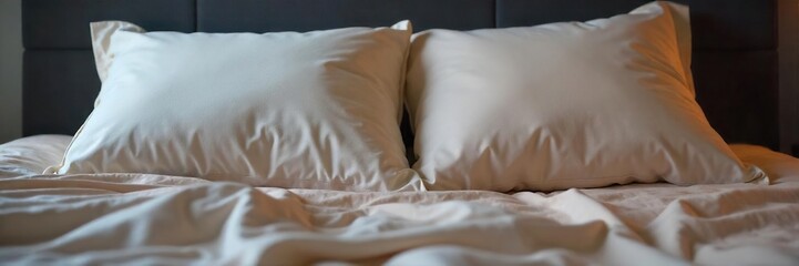 Close-up of two pillows on a bed, slightly rumpled, suggesting intimacy and quiet conversation after sleep ,  romance,  peace