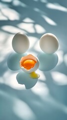 Three eggs, one cracked with dripping yolk, on a light blue background casting shadows