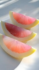Three translucent yellow watermelon slices revealing pink flesh and seeds illuminated by sunlight