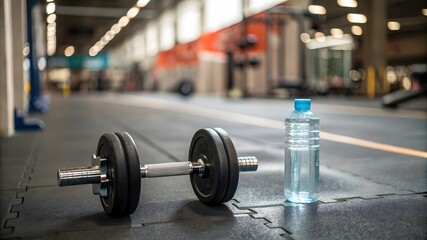 Obraz premium Dumbbell and Water Bottle on Gym Floor during Workout Session