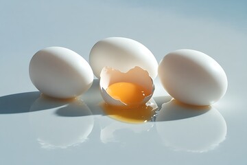 Three white eggs with one cracked showing yolk on reflective pastel surface