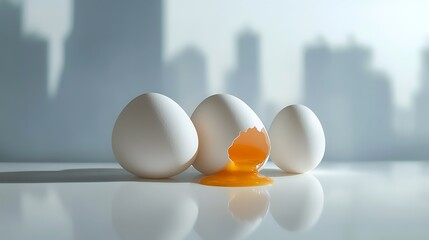 Three white eggs, one cracked with yolk flowing, on a light reflective surface
