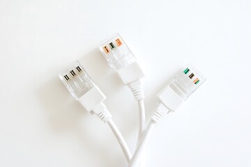 Three white ethernet cables isolated on a clean white background for networking