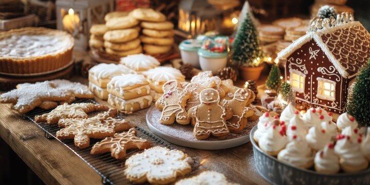 A festive table is laden with an assortment of Christmas cookies and treats. A miniature gingerbread house sits prominently in the center, surrounded by decorated Christmas trees and pinecones. 