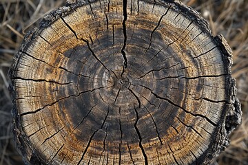 Weathered tree stump surface showing growth rings and cracks in a natural setting