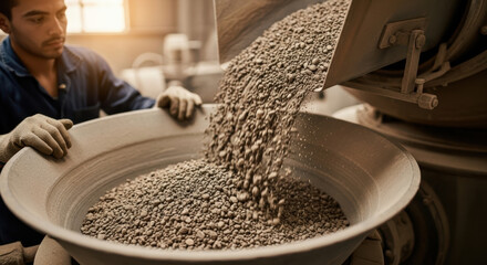 Focused technician supervises production process as metal pellets are poured into industrial machine for manufacturing component quality control in modern factory
