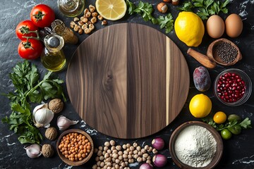 Wooden round board surrounded by diverse food ingredients on a dark marbled surface seen from above