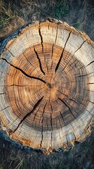 Wood stump crosssection with concentric growth rings and splits on a background of grass