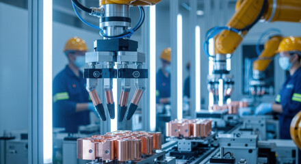 Automated robotic arms assemble copper components on high tech production line in smart factory with engineers monitoring precision manufacturing process