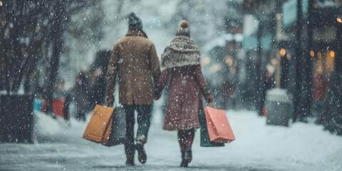 A couple walks hand-in-hand down a snowy city street, each carrying multiple shopping bags. The man wears a brown coat and a knitted hat, while the woman sports a red 