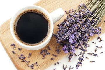 Coffee cup and lavender bouquet on wooden board creating a serene and aromatic