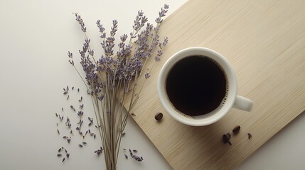 Coffee cup, lavender flowers and coffee beans on a wooden tray on white surface