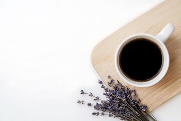 Coffee cup and lavender on wooden board, high angle view with bright background