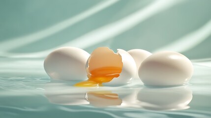Cracked egg with yolk spilling out among whole eggs on a light blue surface