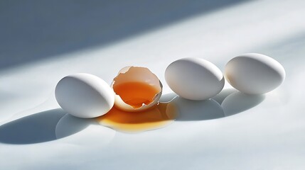 Cracked egg with yolk surrounded by whole eggs on a reflective white surface