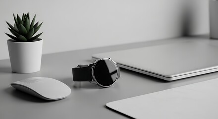 Minimalist workspace with laptop smartwatch and succulent plant