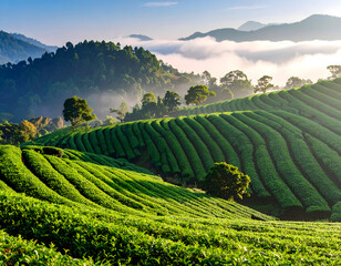 Naklejka premium Scenic green tea plantation on rolling hills landscape agriculture