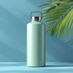 Light mint green insulated water bottle with handle on a blue surface, tropical foliage backdrop