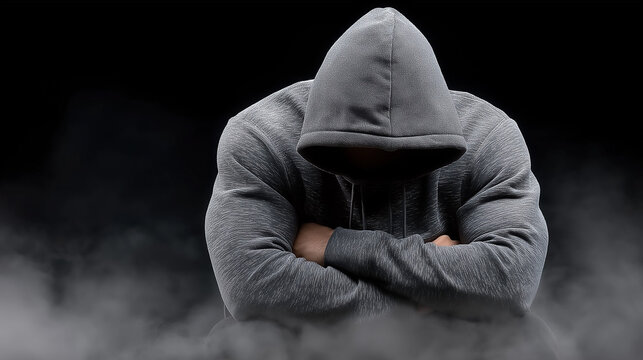 Mysterious Figure in the Shadows: A solitary figure, shrouded in a hooded sweatshirt, stands with arms crossed, enveloped by an ethereal mist, exuding an aura of intrigue and enigma.