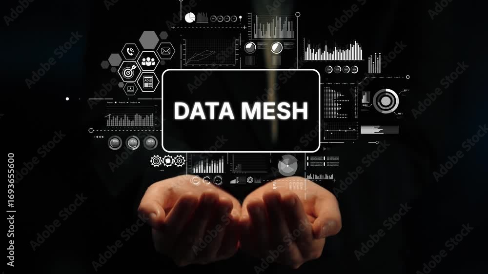 Poster Hands Holding Data Mesh Concept with Graphs and Digital Elements Representing Modern Analytics and Technology Integration. Asymptotic smart data analytic.
