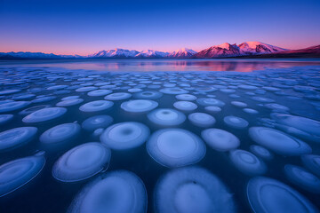 Obraz premium Round ice circles form on a frozen lake with snow covered mountains reflecting at sunset.