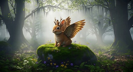 A charming, mythical creature sits amidst a misty forest, its wings and antlers adding to the enchanting atmosphere.