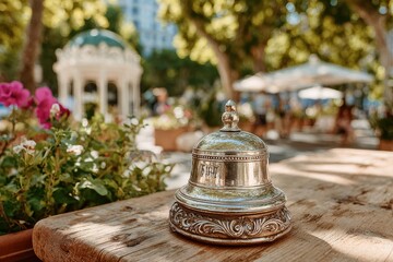 Vintage Silver Service Bell on Wooden Table Surrounded by Lush Greenery and Colorful Flowers at Outdoor Venue in Bright Daylight