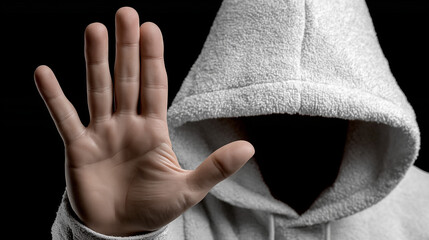 Silent Plea for Protection: The hooded figure, a symbol of anonymity, extends a hand in a gesture of stop, symbolizing a need for shielding.
