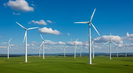 Fototapeta premium Wind turbines farm on a green field under a blue sky.