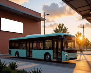 city bus in front of empty billboard at bus station, billboard mockup, city transport concept