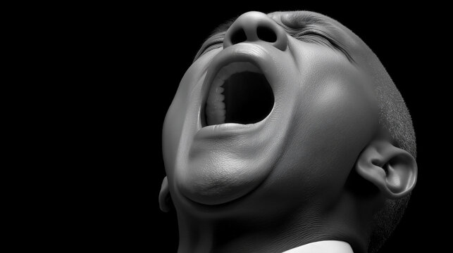 Echo of Anguish: A monochrome portrait of a human face contorted in a raw, guttural scream, capturing the depths of despair.