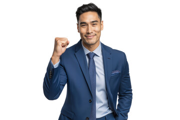 Confident young businessman fist pumped, radiating success and determination