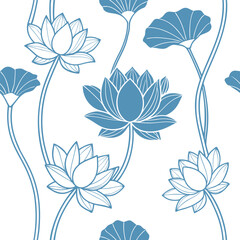 Seamless lotus flower pattern in blue outline on white background. Elegant botanical vector design for fabric, wallpaper, and decoration. Minimal floral illustration with natural style.