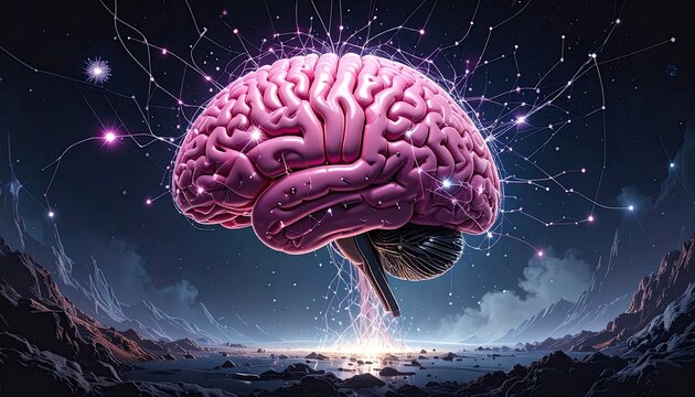 Pink brain, cosmic landscape.  Neural pathways connect to a floating brain above a stylized landscape.  Stars, light streaks, and a sunrise-like glow illuminate the scene