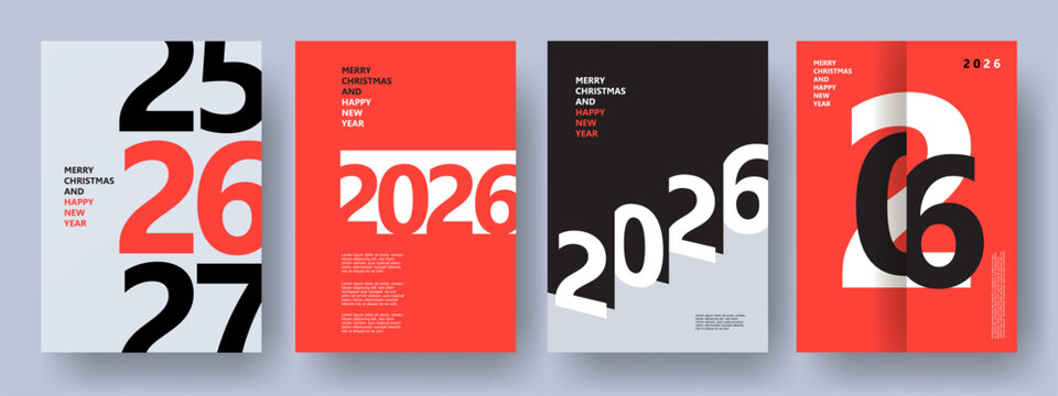 Creative concept of 2026 Happy New Year posters set. Design templates with typography logo 2026 for celebration and season decoration. Minimalistic trendy backgrounds for branding, banner, cover, card