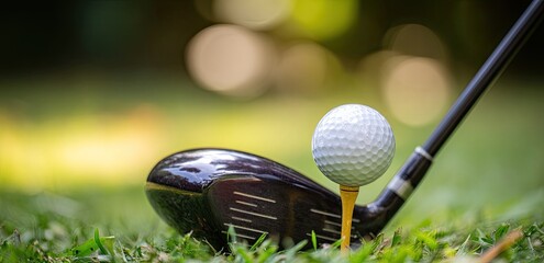 Golf club and ball on grassy course