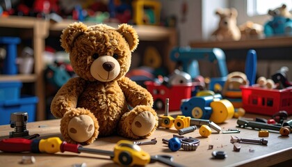 Teddy bear amidst a child's playroom.  A brown teddy sits on a cluttered wooden table, surrounded by various toys and tools