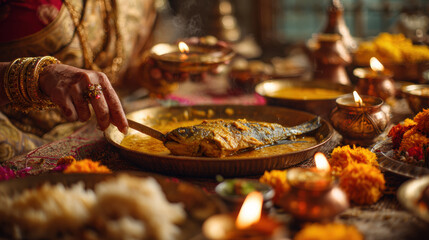 Bengali Family Serving Shorshe Ilish during Puja
