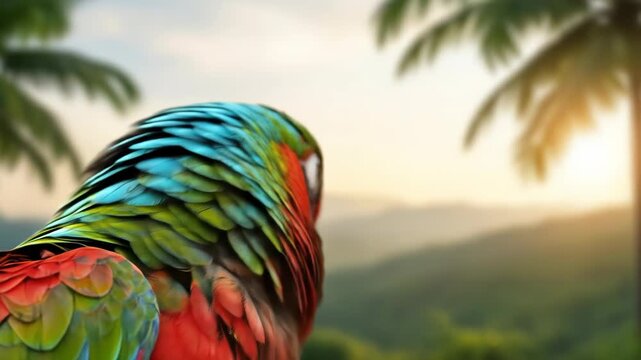 A vibrant macaw with iridescent plumage and a keen eye, perched in a tropical setting with blurred palm trees in the background