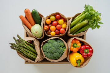 Fresh variety of healthy vegetables in paper bags