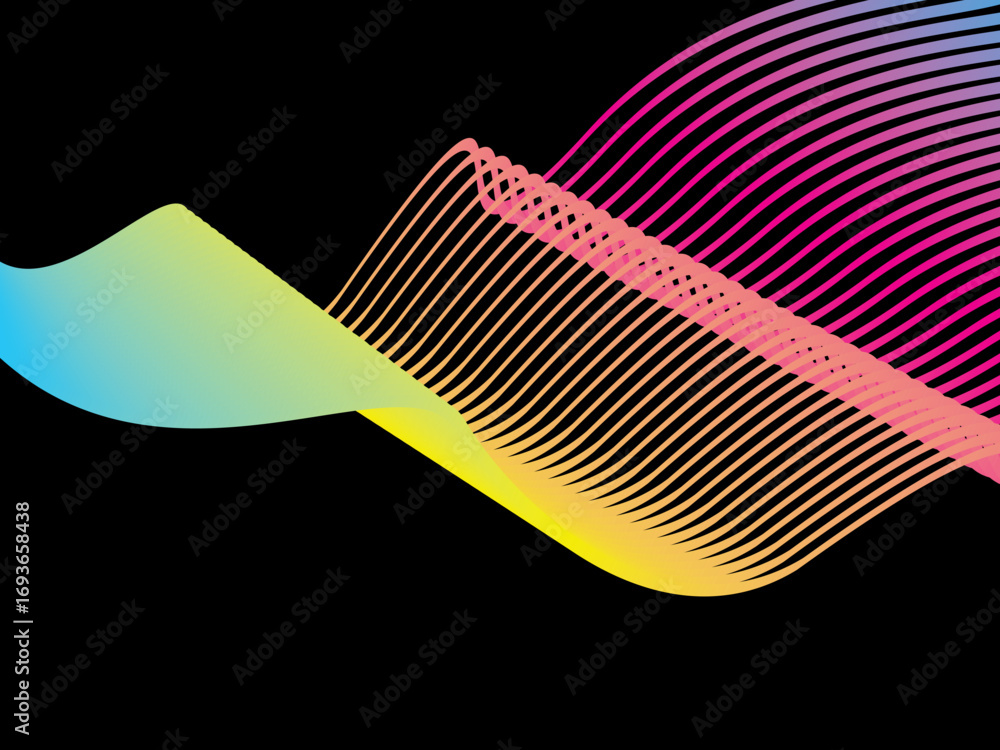 Aufkleber black background with colorful abstract wave lines pattern flowing horizontally on a black backgroun
