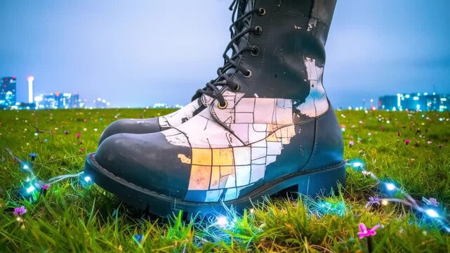 A close-up of a Rubik's Cube shoe on grass with city lights.