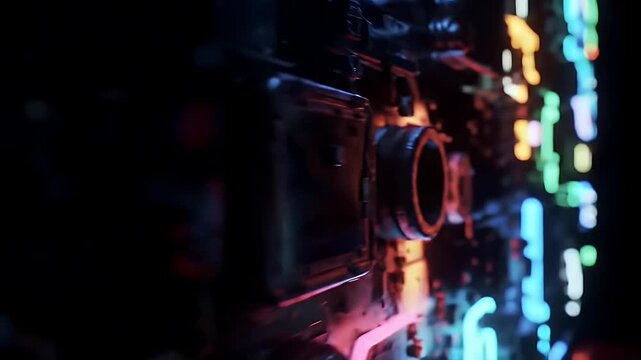 Cyber Circuit Board with Neon Glow Futuristic Tech Details on Black Background
