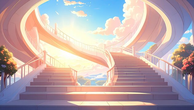 Whimsical, spiral staircase leading to a serene, sunlit vista - Powered by Adobe