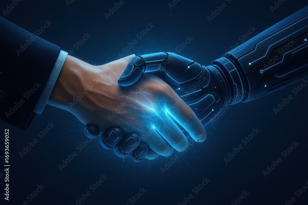 Poster handshake of innovation: a powerful visual narrative unfolds as a human and a robot shake hands, the