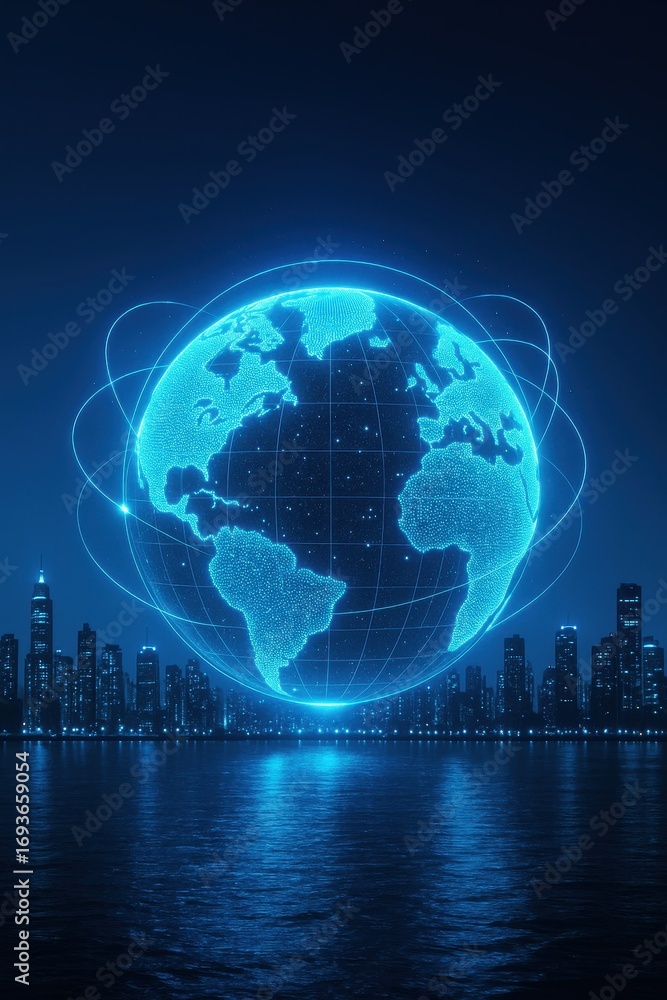 Poster global connectivity: a captivating image of a digital globe hovering above a cityscape, illustrating